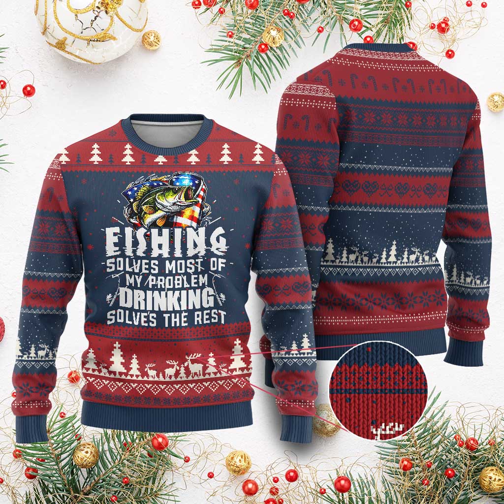 Funny Fishing Drinking Ugly Christmas Sweater Fishing Solves Most Of My Problems Drinking Solves The Rest - Wonder Print Shop