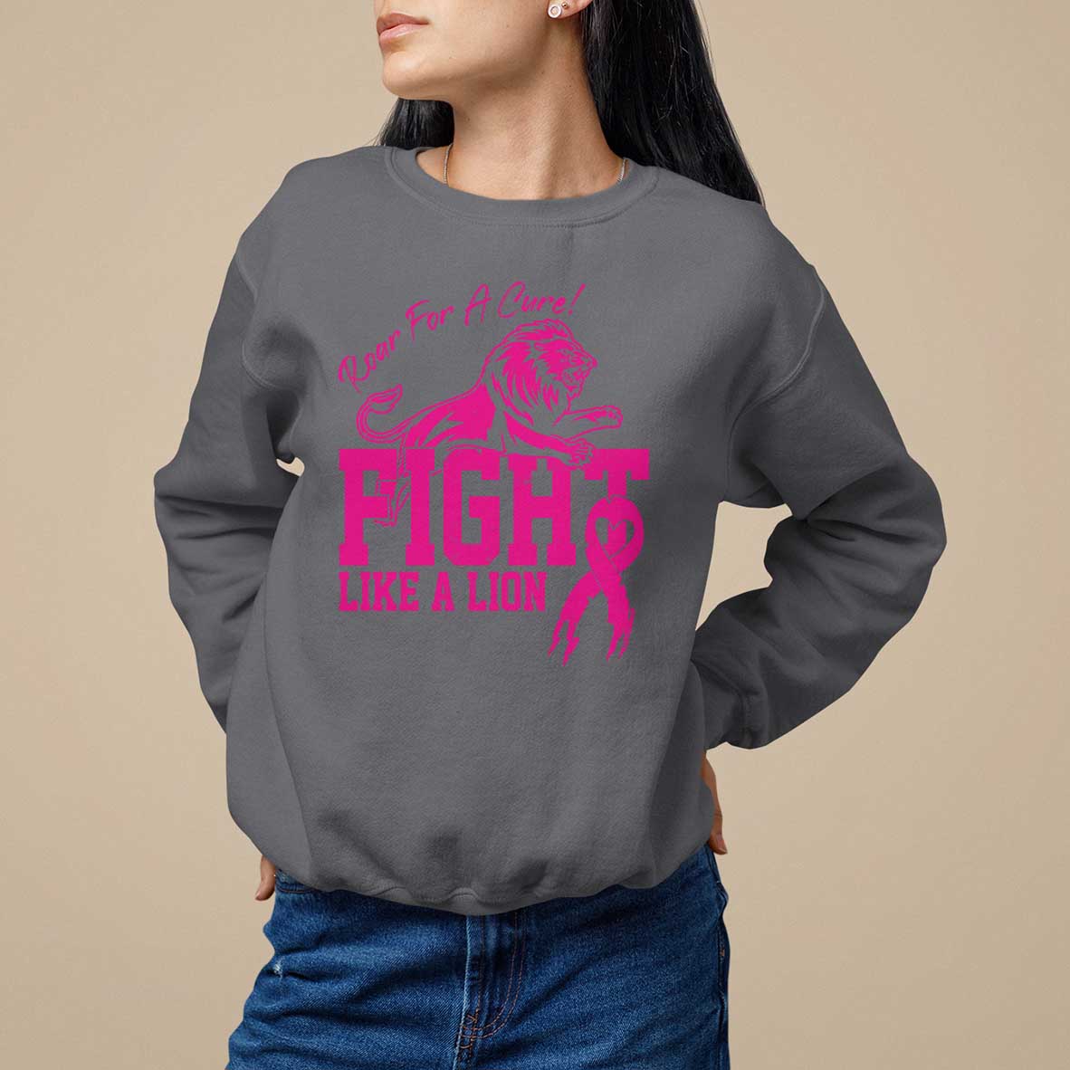 Pink Breast Cancer Sweatshirt Fight Like A Lion Roar For A Cure - Wonder Print Shop