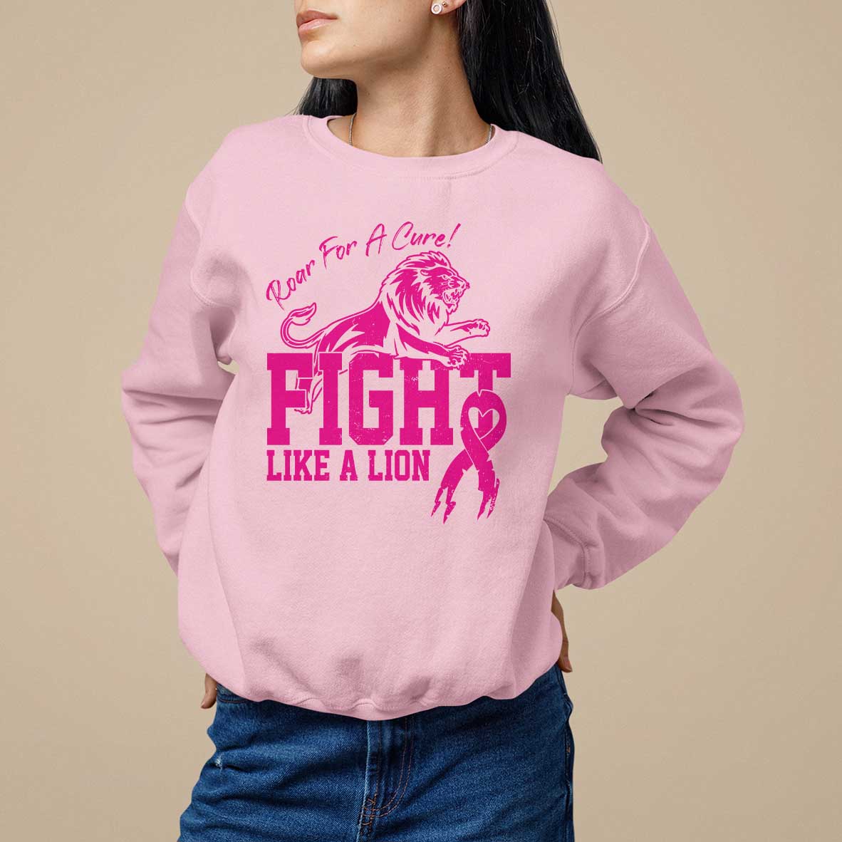 Pink Breast Cancer Sweatshirt Fight Like A Lion Roar For A Cure - Wonder Print Shop