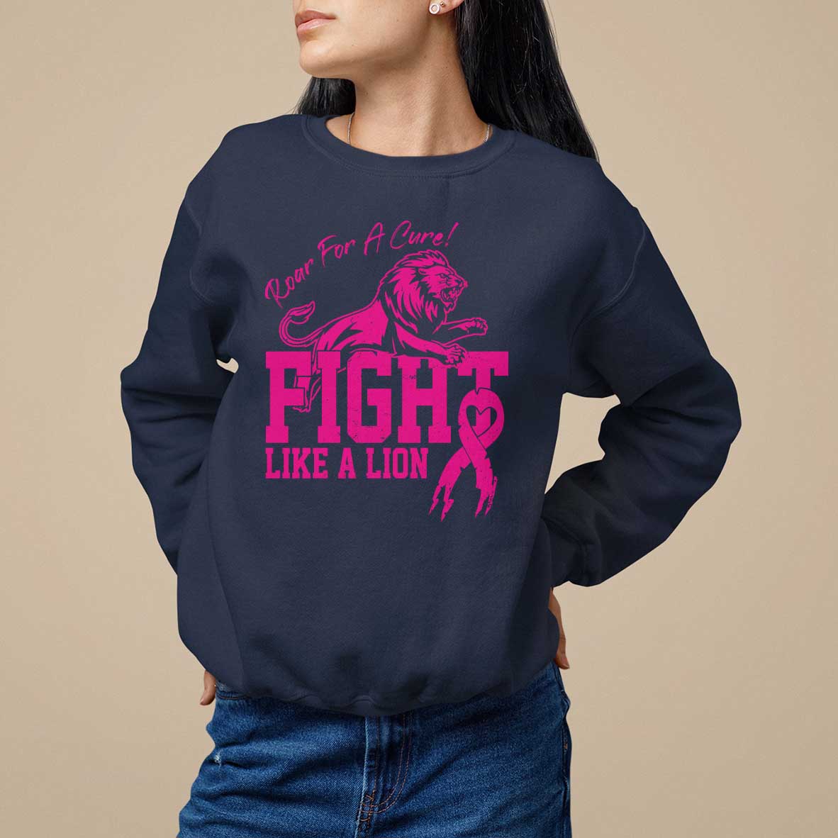Pink Breast Cancer Sweatshirt Fight Like A Lion Roar For A Cure - Wonder Print Shop