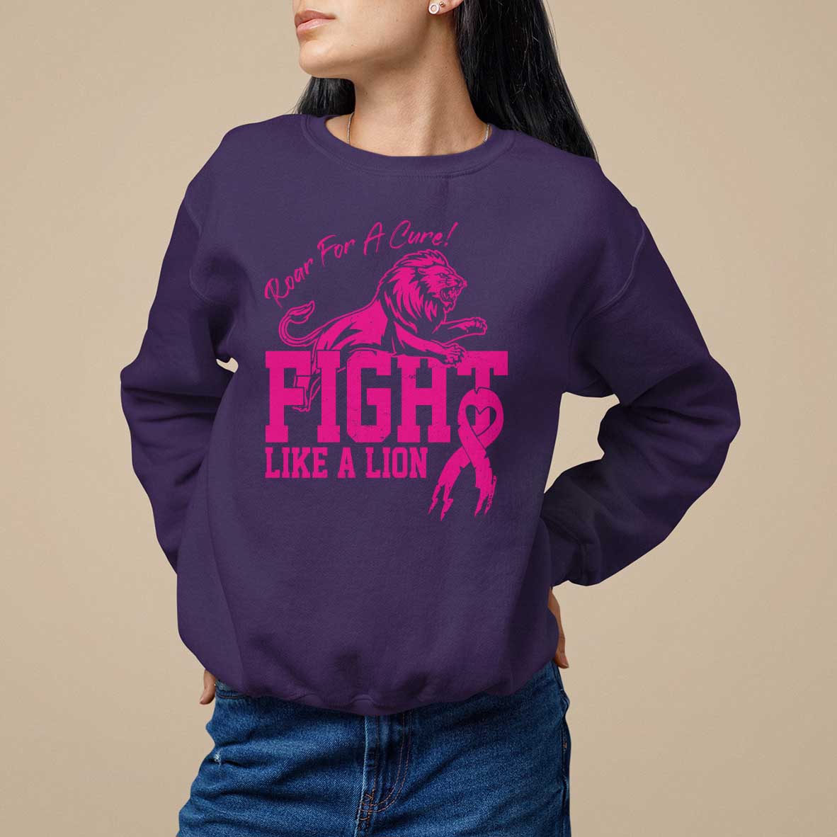 Pink Breast Cancer Sweatshirt Fight Like A Lion Roar For A Cure - Wonder Print Shop