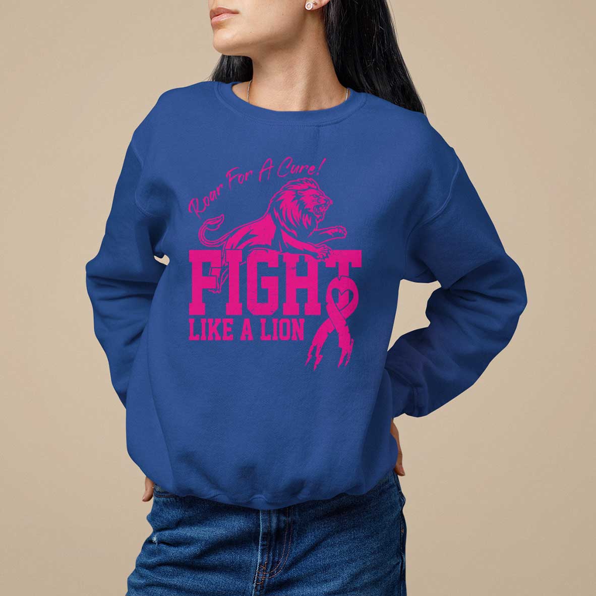 Pink Breast Cancer Sweatshirt Fight Like A Lion Roar For A Cure - Wonder Print Shop