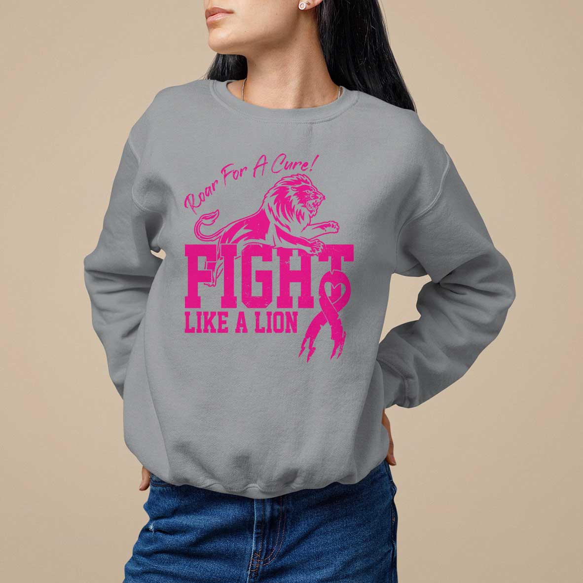 Pink Breast Cancer Sweatshirt Fight Like A Lion Roar For A Cure - Wonder Print Shop