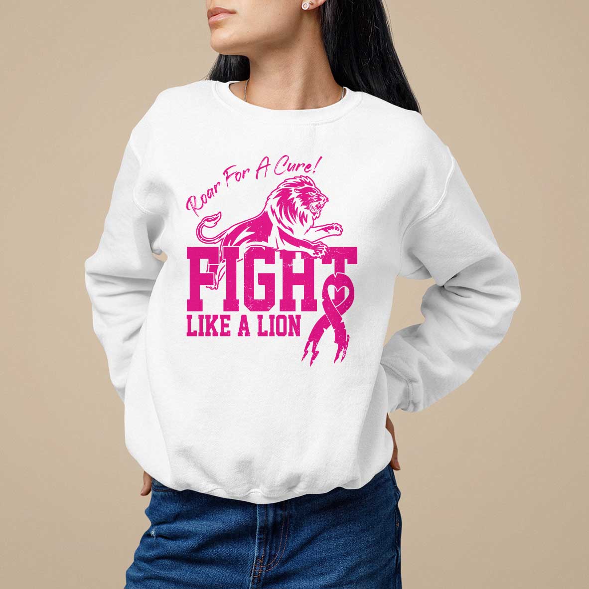 Pink Breast Cancer Sweatshirt Fight Like A Lion Roar For A Cure - Wonder Print Shop