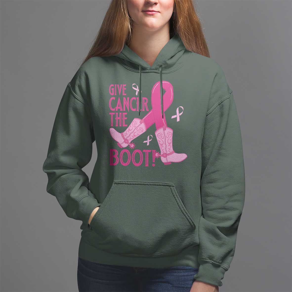 Breast Cancer Hoodie Give Cancer The Boot Cowgirl Western Cowboy - Wonder Print Shop