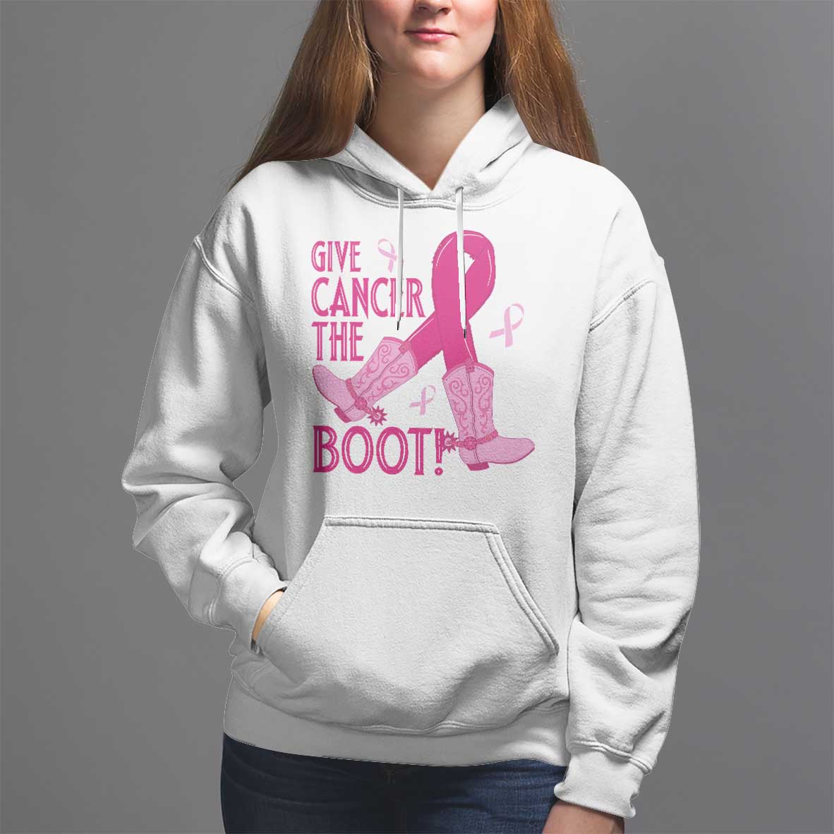 Breast Cancer Hoodie Give Cancer The Boot Cowgirl Western Cowboy - Wonder Print Shop