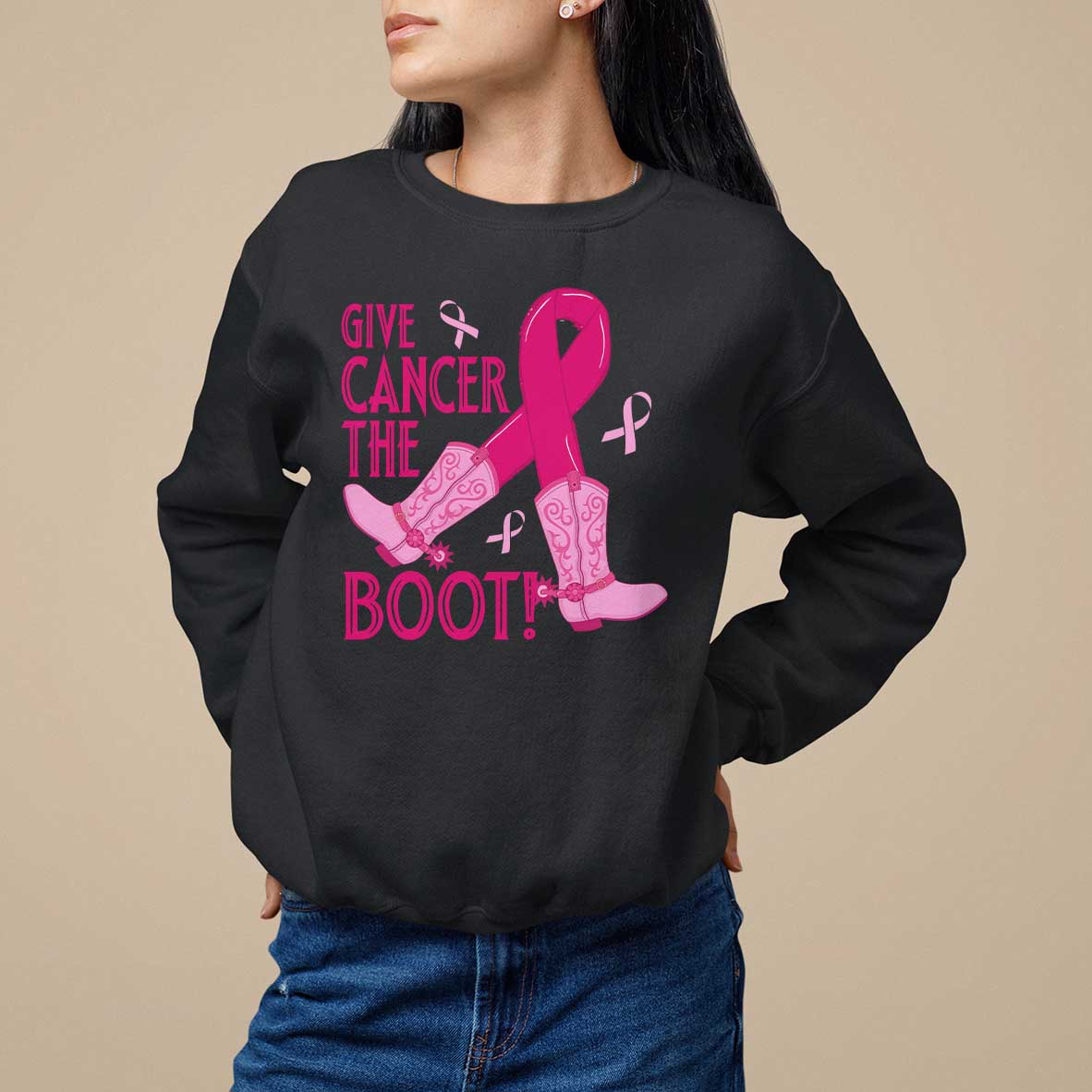 Breast Cancer Sweatshirt Give Cancer The Boot Cowgirl Western Cowboy - Wonder Print Shop