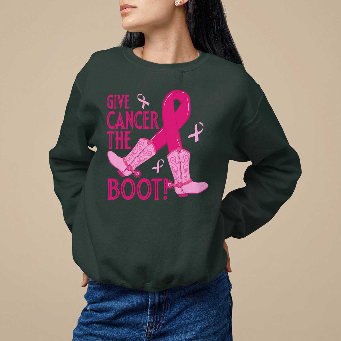 Breast Cancer Sweatshirt Give Cancer The Boot Cowgirl Western Cowboy - Wonder Print Shop