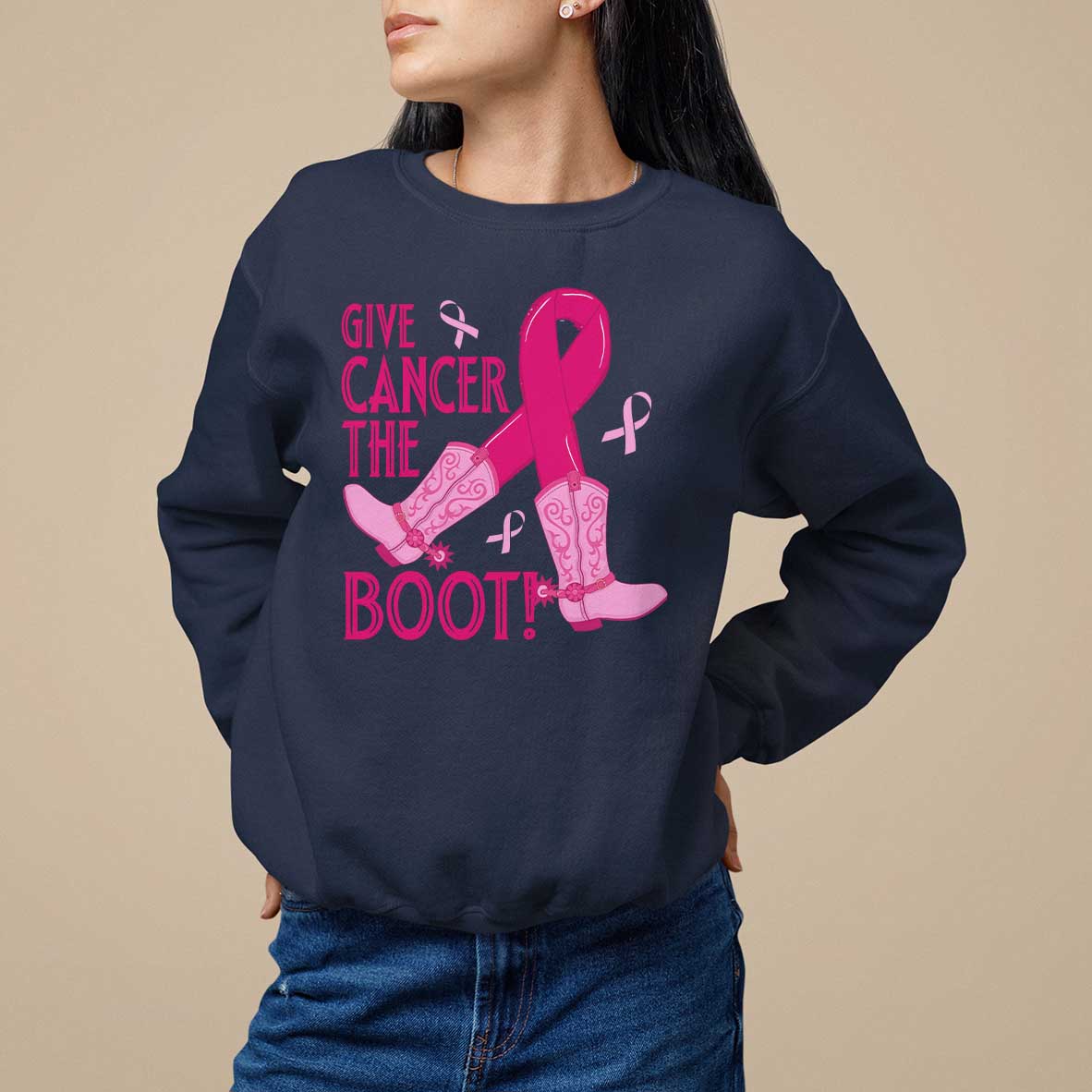 Breast Cancer Sweatshirt Give Cancer The Boot Cowgirl Western Cowboy - Wonder Print Shop