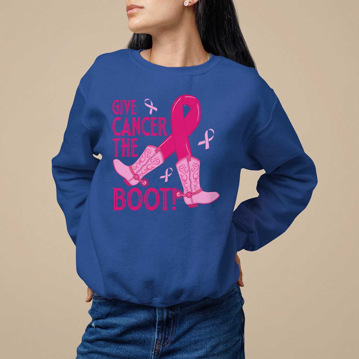 Breast Cancer Sweatshirt Give Cancer The Boot Cowgirl Western Cowboy - Wonder Print Shop