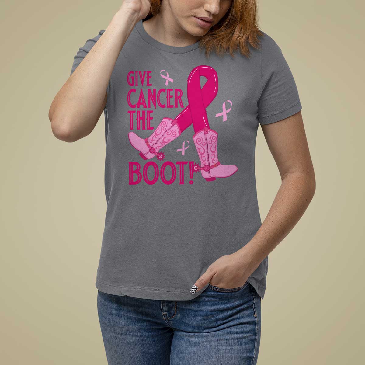 Breast Cancer T Shirt For Women Give Cancer The Boot Cowgirl Western Cowboy - Wonder Print Shop