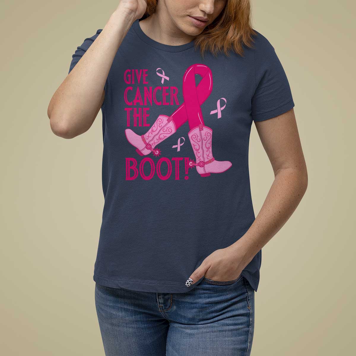 Breast Cancer T Shirt For Women Give Cancer The Boot Cowgirl Western Cowboy - Wonder Print Shop