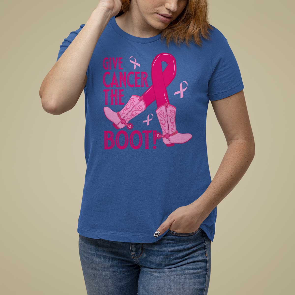 Breast Cancer T Shirt For Women Give Cancer The Boot Cowgirl Western Cowboy - Wonder Print Shop