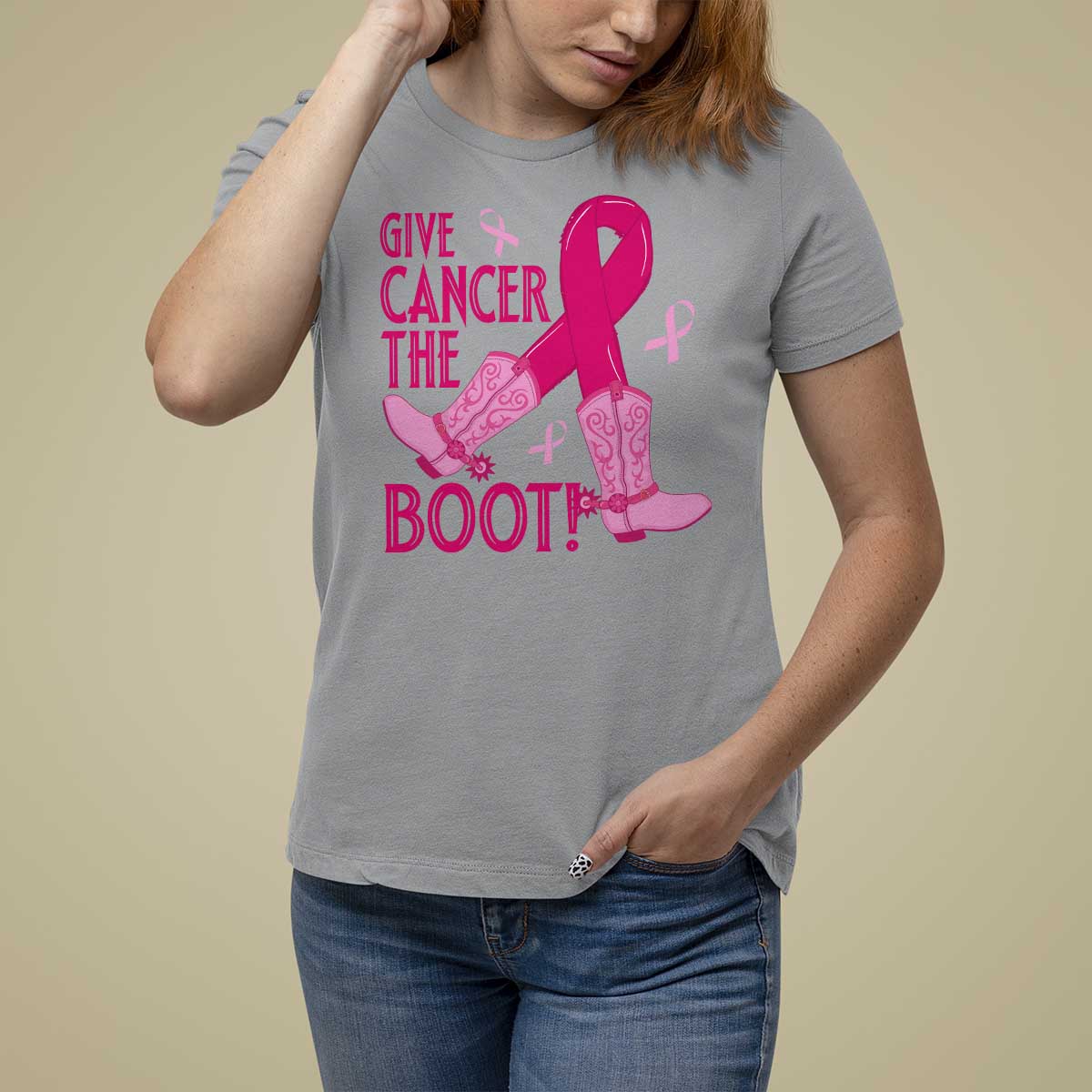 Breast Cancer T Shirt For Women Give Cancer The Boot Cowgirl Western Cowboy - Wonder Print Shop
