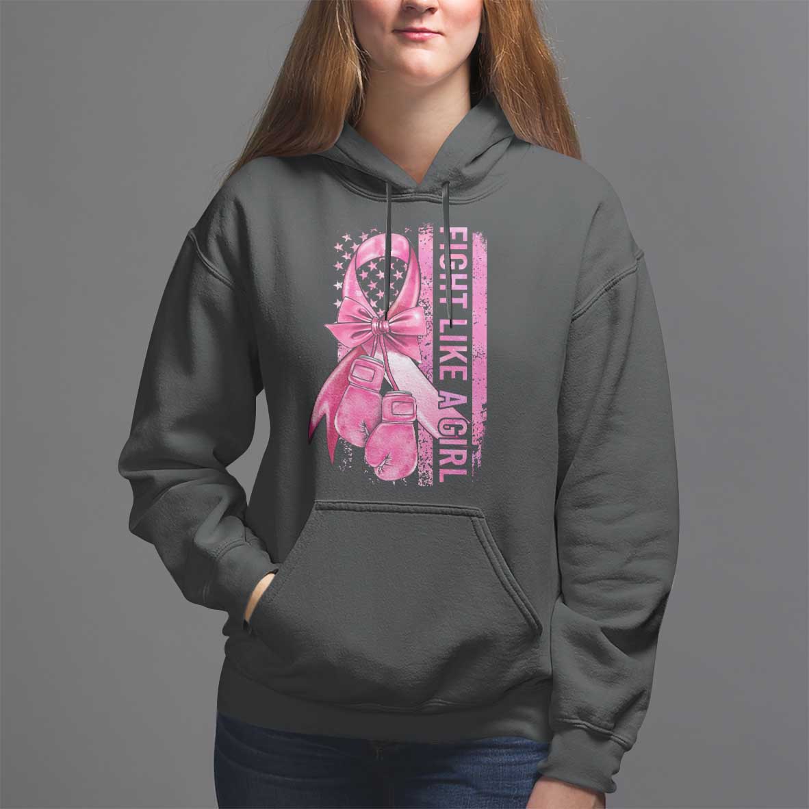 Breast Cancer Hoodie Fight Like A Girl Pink American Flag - Wonder Print Shop
