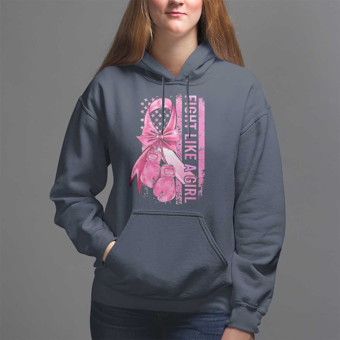 Breast Cancer Hoodie Fight Like A Girl Pink American Flag - Wonder Print Shop