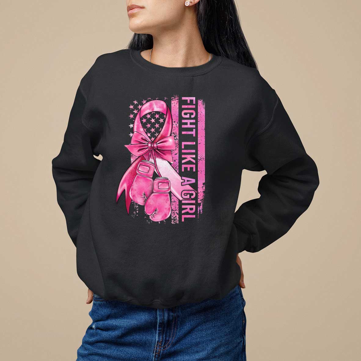 Breast Cancer Sweatshirt Fight Like A Girl Pink American Flag - Wonder Print Shop