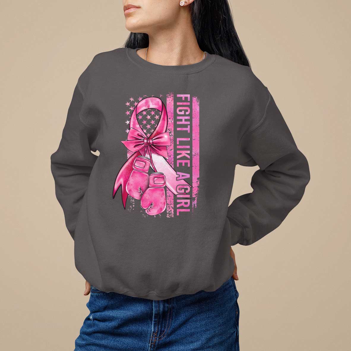 Breast Cancer Sweatshirt Fight Like A Girl Pink American Flag - Wonder Print Shop