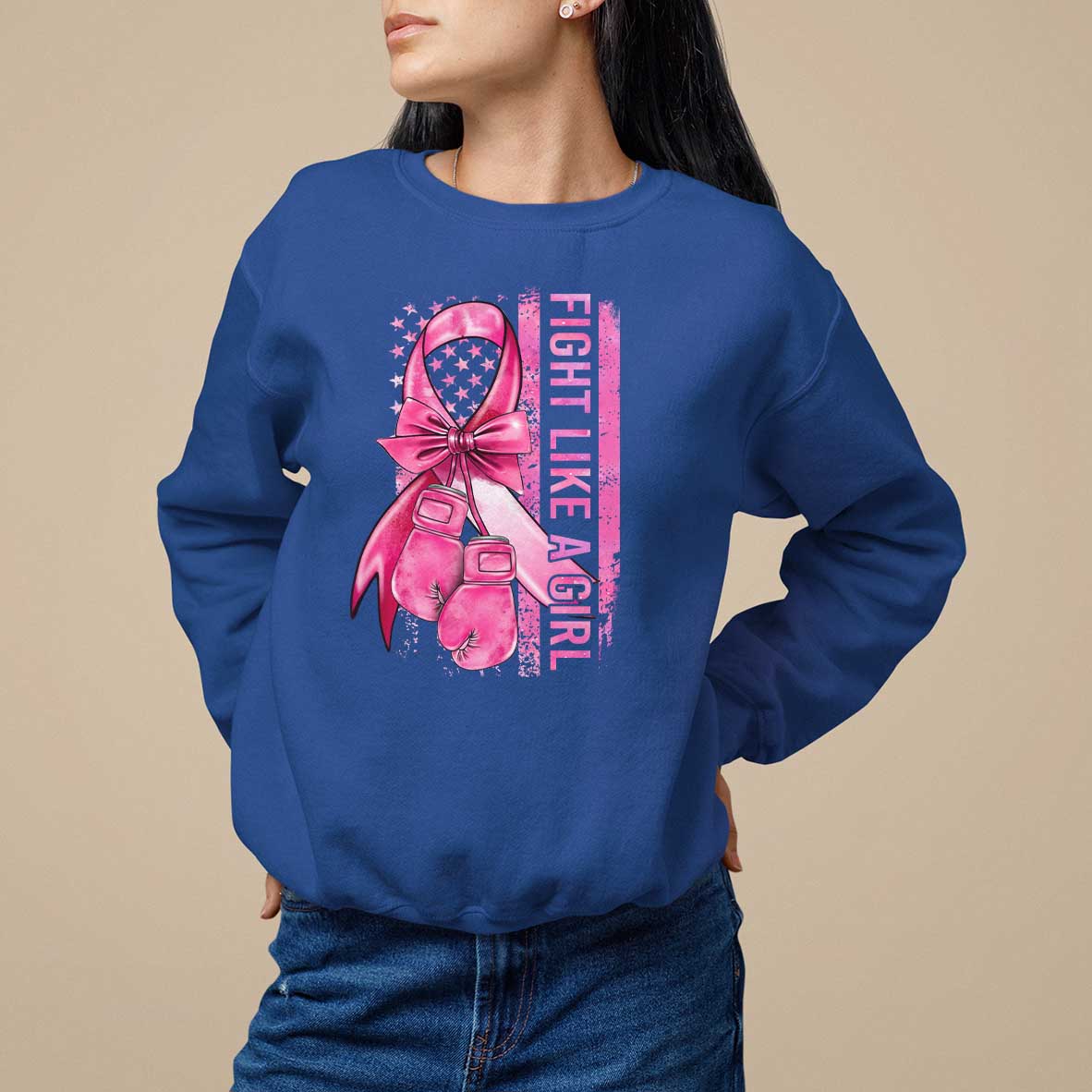 Breast Cancer Sweatshirt Fight Like A Girl Pink American Flag - Wonder Print Shop