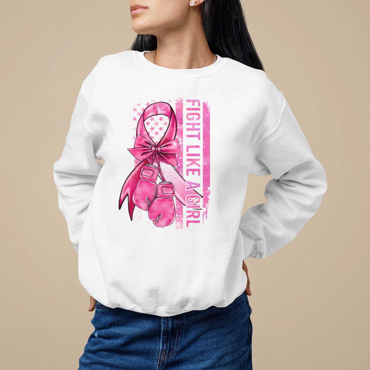 Breast Cancer Sweatshirt Fight Like A Girl Pink American Flag - Wonder Print Shop