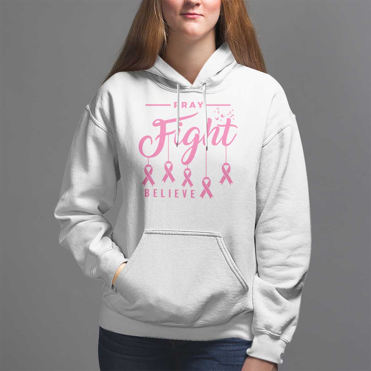 Breast Cancer Hoodie Pray Fight Believe - Wonder Print Shop