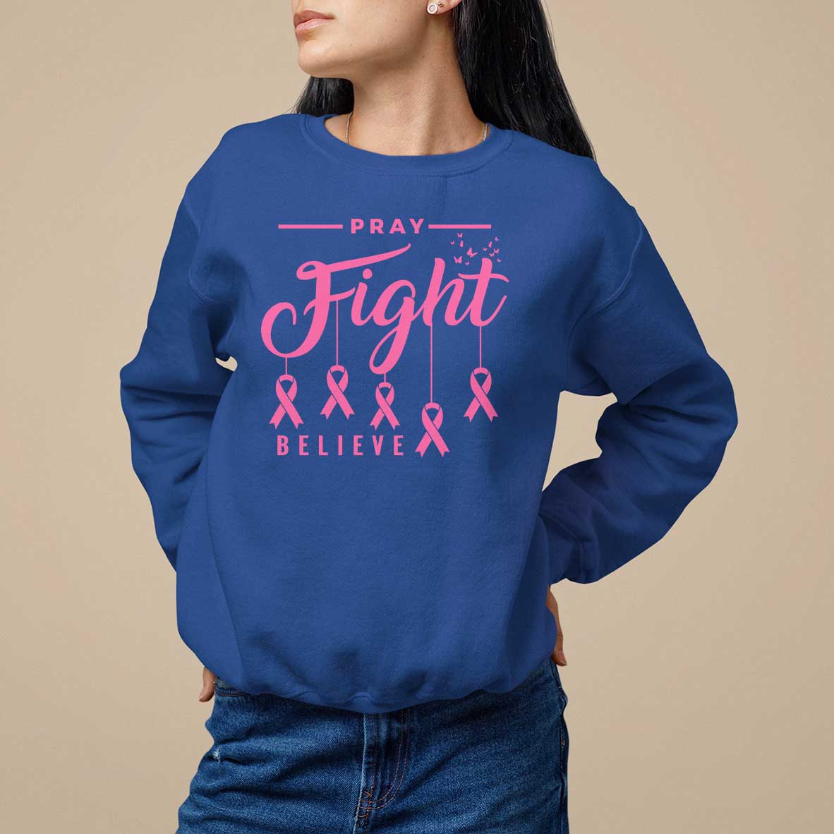 Breast Cancer Sweatshirt Pray Fight Believe - Wonder Print Shop