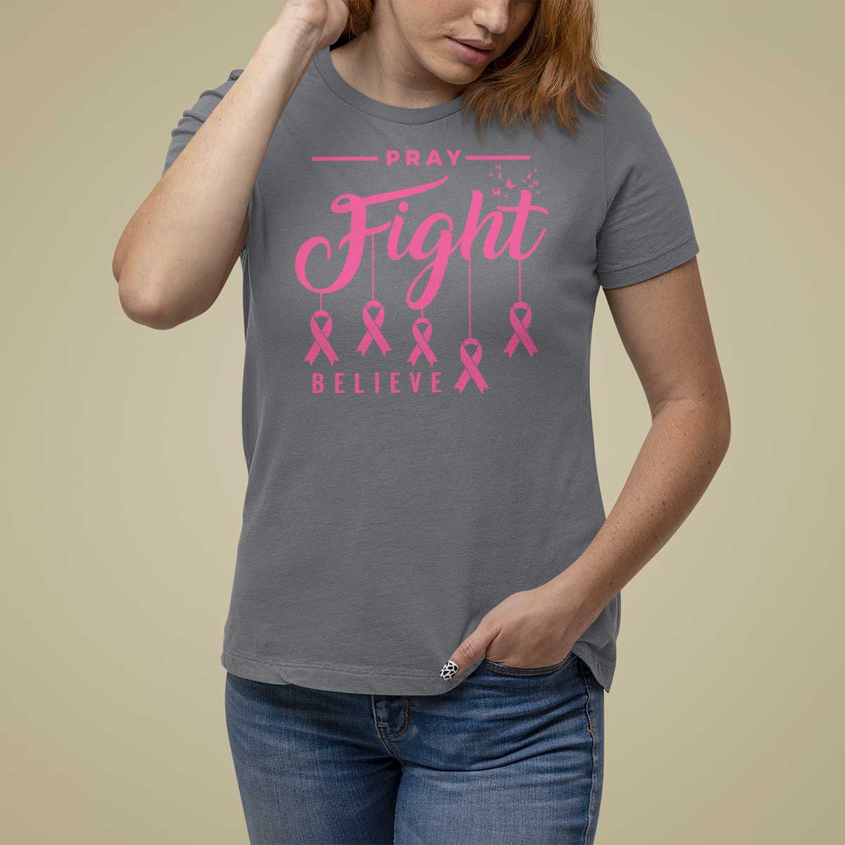 Breast Cancer T Shirt For Women Pray Fight Believe - Wonder Print Shop