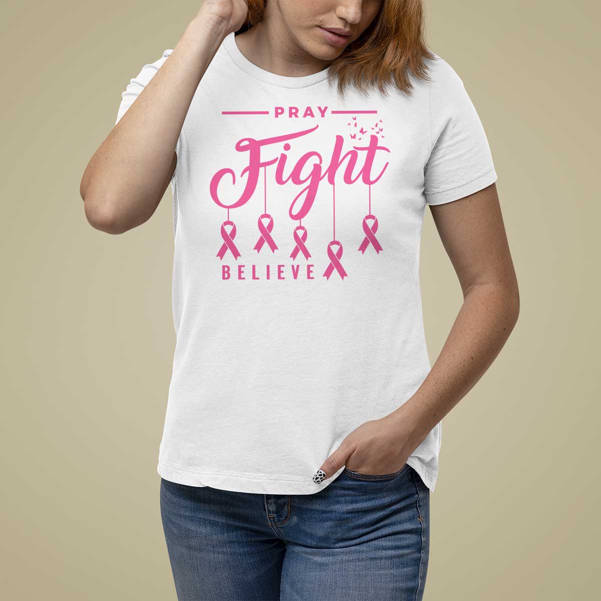 Breast Cancer T Shirt For Women Pray Fight Believe - Wonder Print Shop