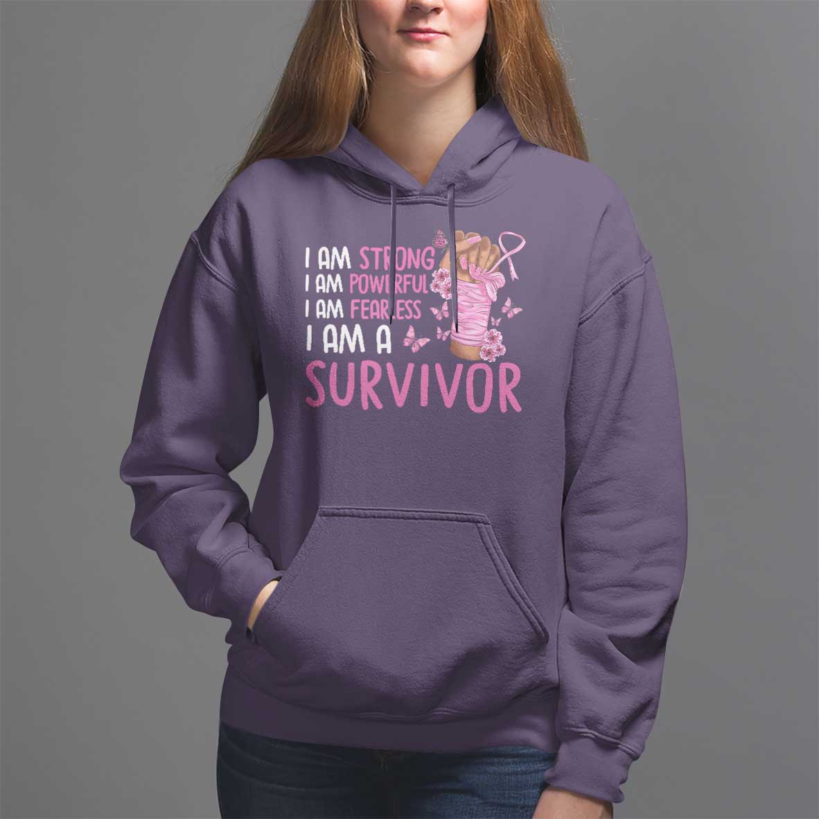Pink Breast Cancer Hoodie I Am A Survivor Strong Powerful Fearless - Wonder Print Shop