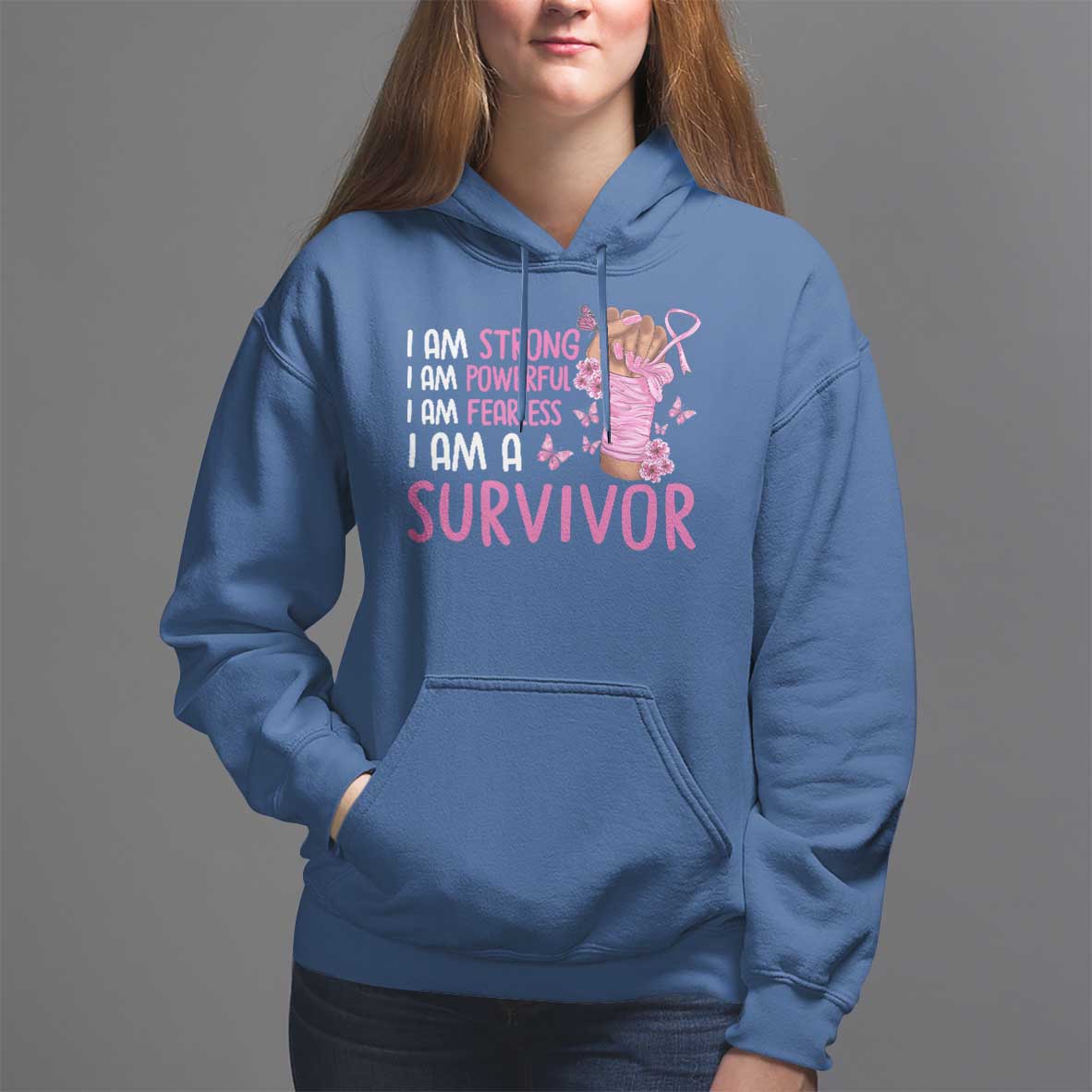Pink Breast Cancer Hoodie I Am A Survivor Strong Powerful Fearless - Wonder Print Shop
