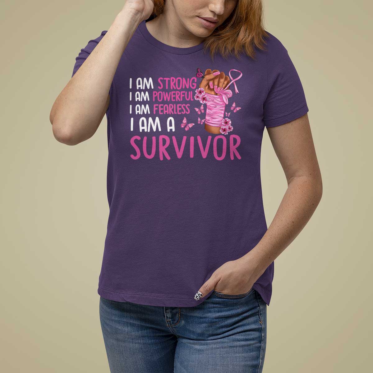 Pink Breast Cancer T Shirt For Women I Am A Survivor Strong Powerful Fearless - Wonder Print Shop