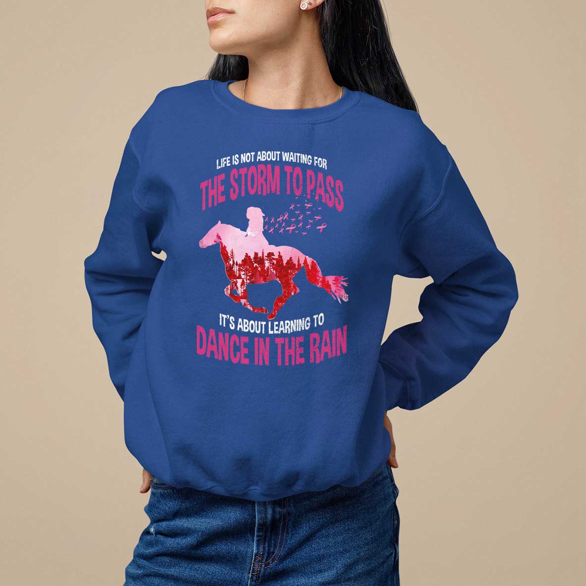 Breast Cancer Sweatshirt Pink Horse Racing Learning To Dance In The Rain - Wonder Print Shop