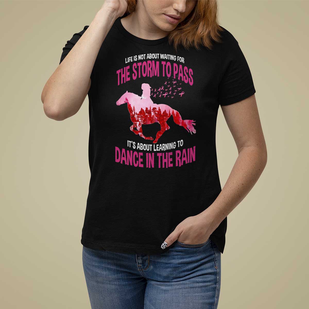 Breast Cancer T Shirt For Women Pink Horse Racing Learning To Dance In The Rain - Wonder Print Shop