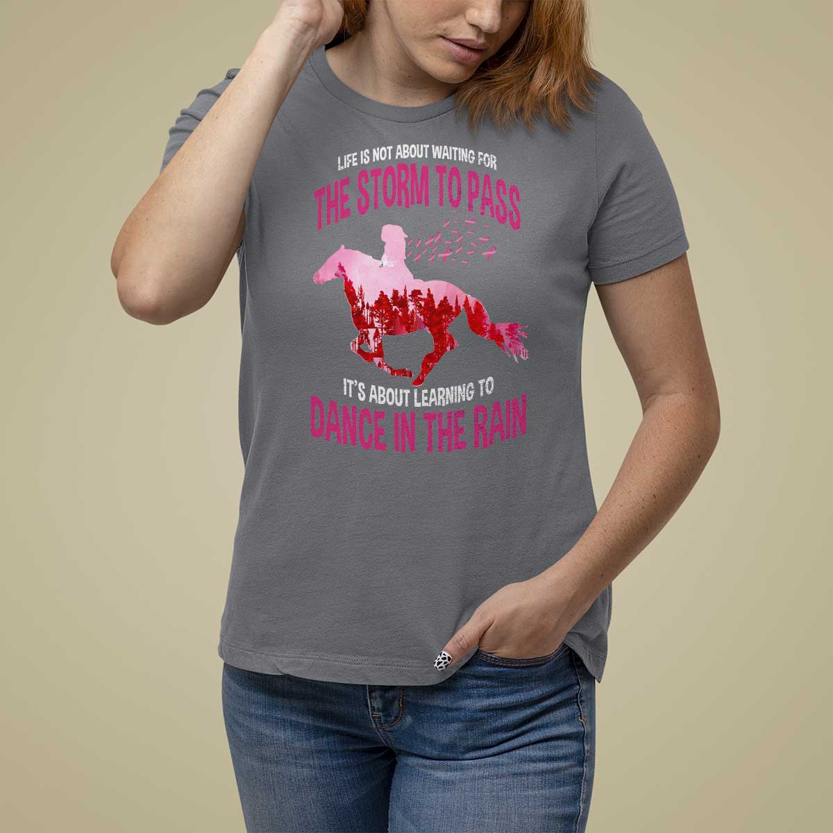 Breast Cancer T Shirt For Women Pink Horse Racing Learning To Dance In The Rain - Wonder Print Shop