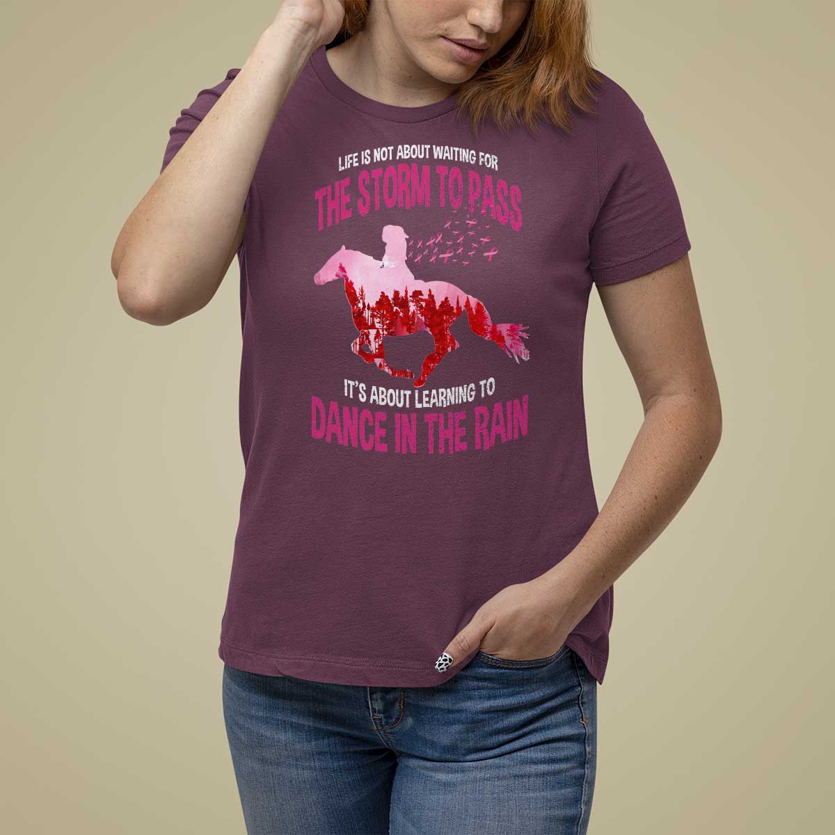 Breast Cancer T Shirt For Women Pink Horse Racing Learning To Dance In The Rain - Wonder Print Shop