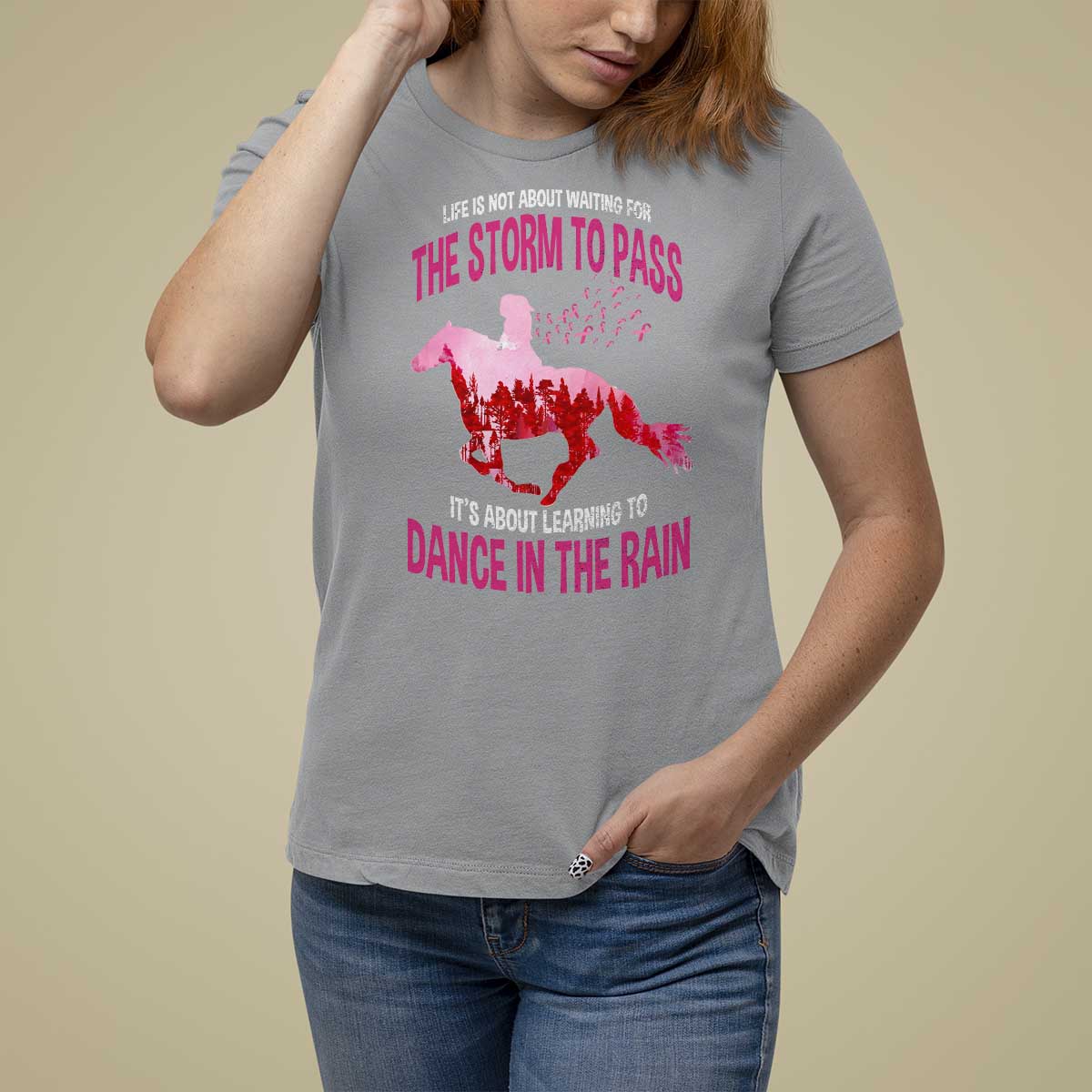 Breast Cancer T Shirt For Women Pink Horse Racing Learning To Dance In The Rain - Wonder Print Shop