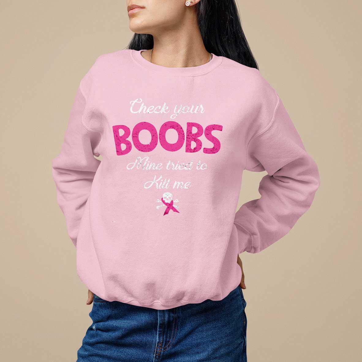 Breast Cancer Awareness Sweatshirt Check Your Boobs Mine Tries To Kill Me - Wonder Print Shop