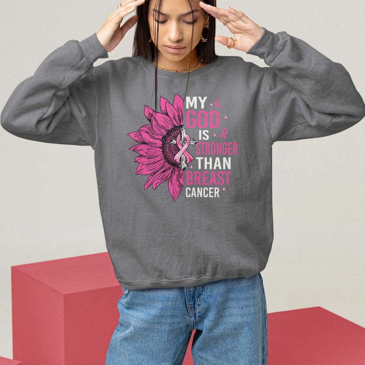 My God Is Stronger Than Breast Cancer Sweatshirt Christian Sunflower American Flag - Wonder Print Shop
