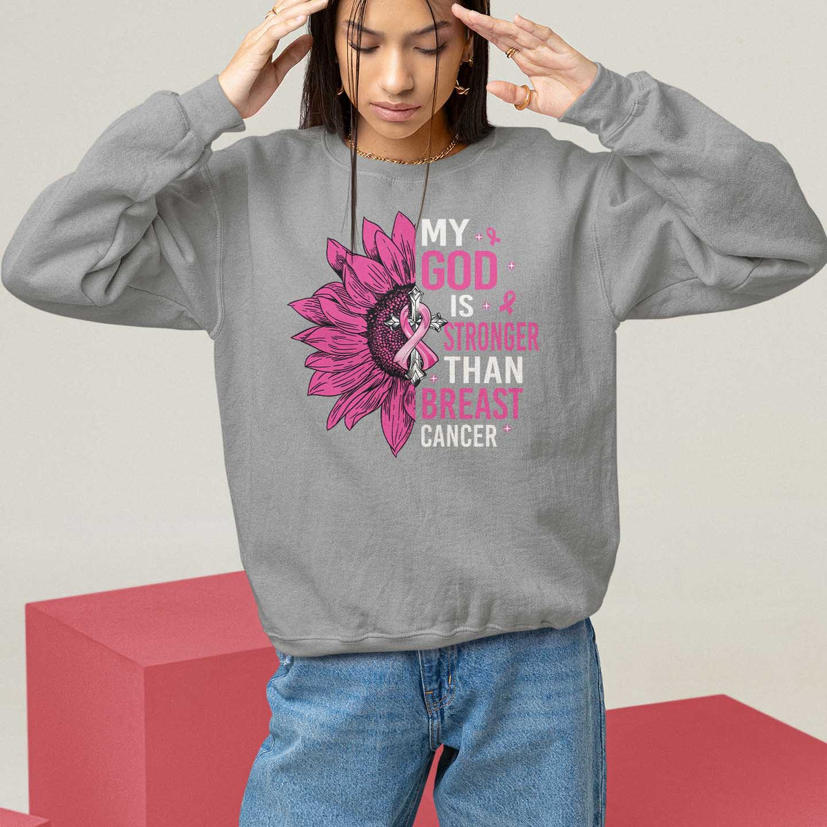 My God Is Stronger Than Breast Cancer Sweatshirt Christian Sunflower American Flag - Wonder Print Shop