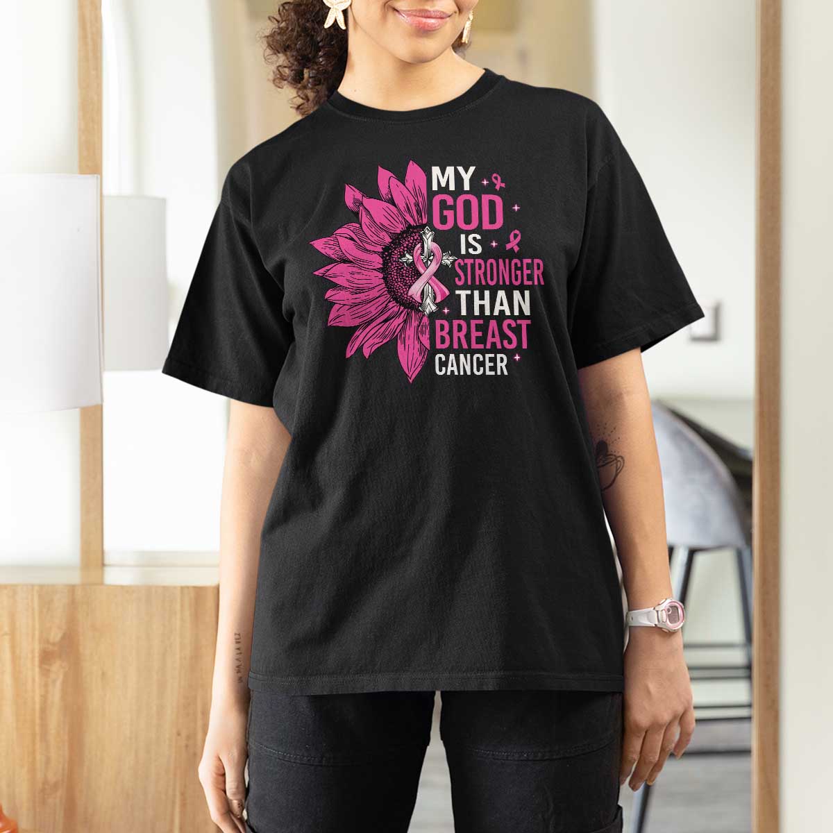 My God Is Stronger Than Breast Cancer T Shirt For Women Christian Sunflower American Flag - Wonder Print Shop