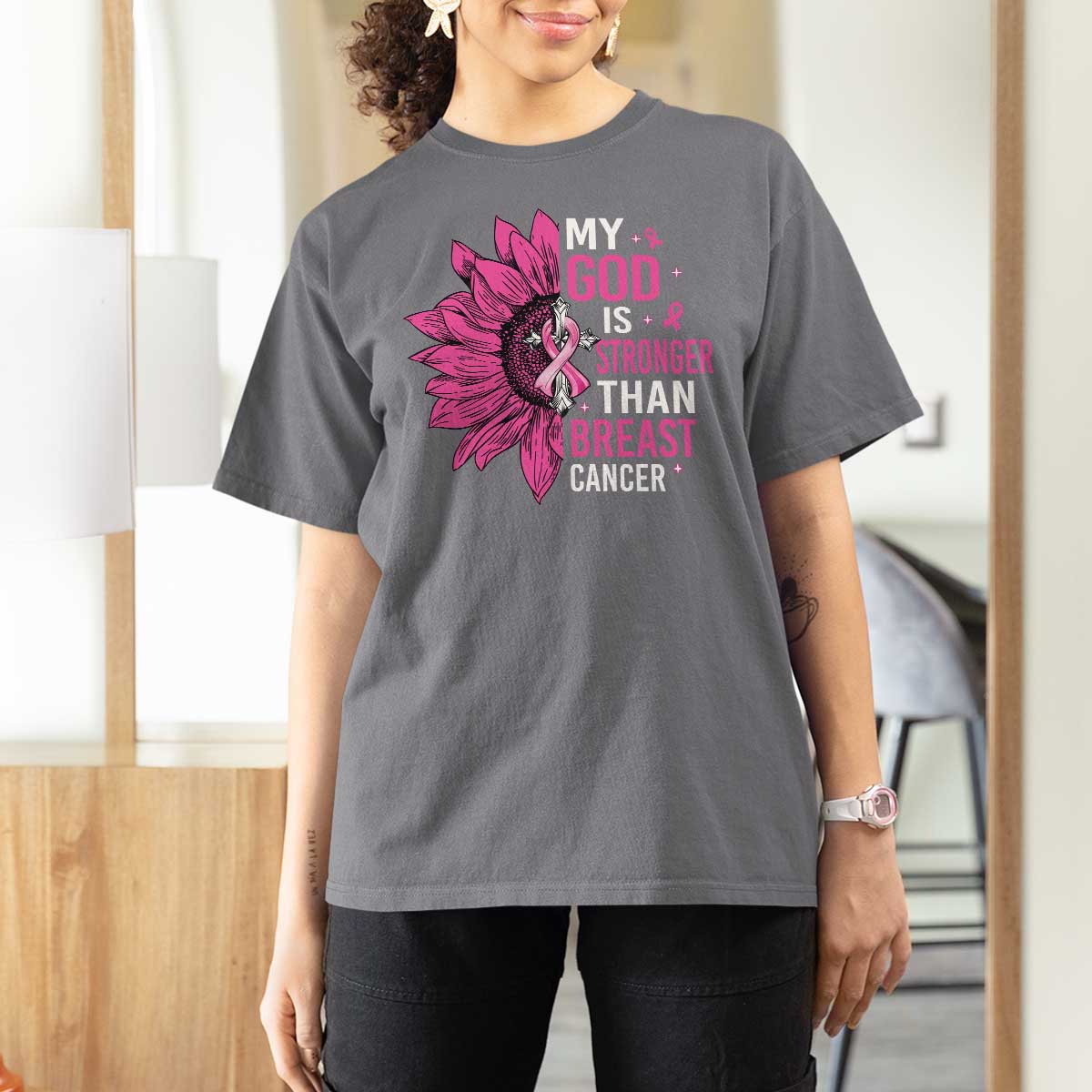 My God Is Stronger Than Breast Cancer T Shirt For Women Christian Sunflower American Flag - Wonder Print Shop