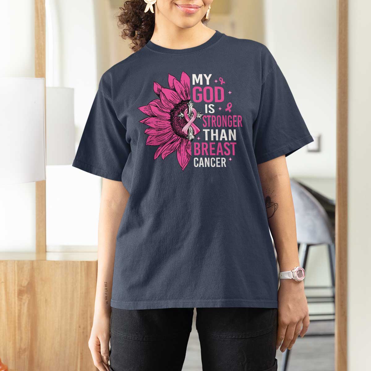 My God Is Stronger Than Breast Cancer T Shirt For Women Christian Sunflower American Flag - Wonder Print Shop