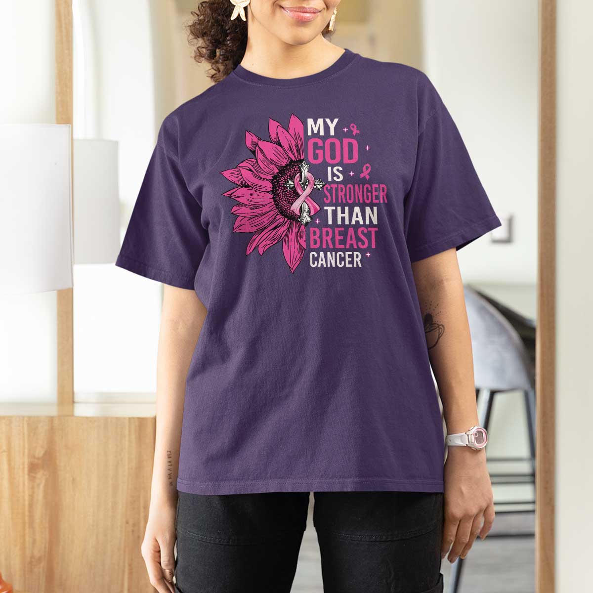 My God Is Stronger Than Breast Cancer T Shirt For Women Christian Sunflower American Flag - Wonder Print Shop