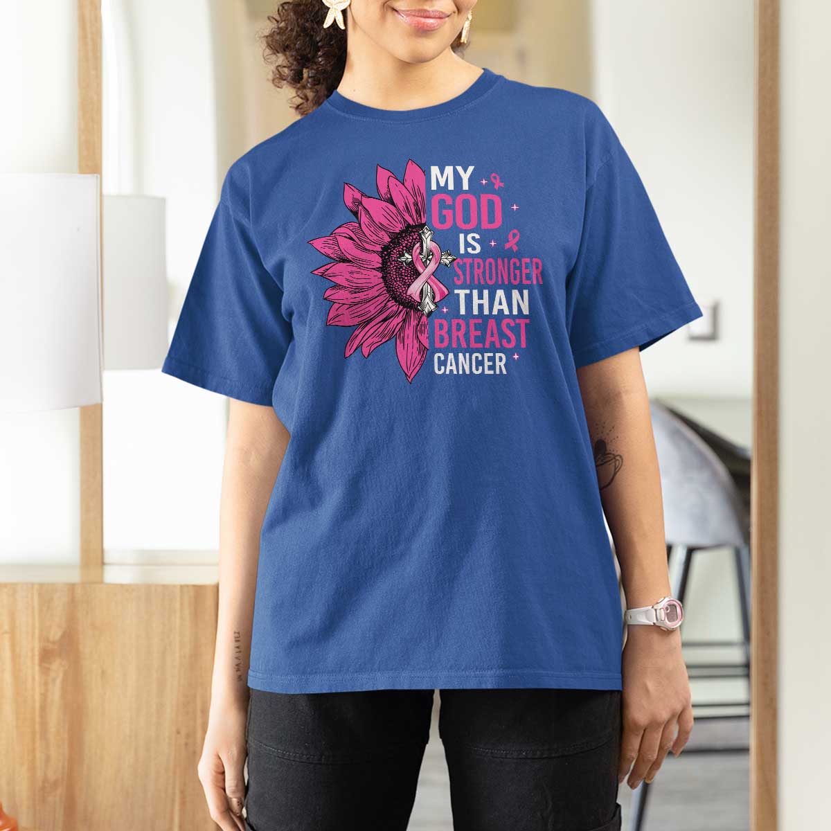 My God Is Stronger Than Breast Cancer T Shirt For Women Christian Sunflower American Flag - Wonder Print Shop