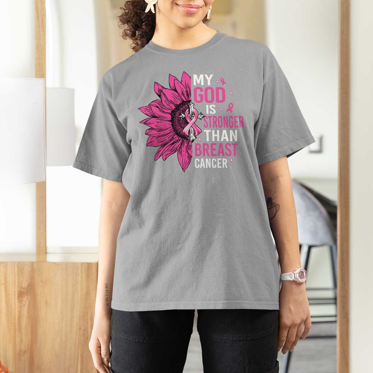 My God Is Stronger Than Breast Cancer T Shirt For Women Christian Sunflower American Flag - Wonder Print Shop