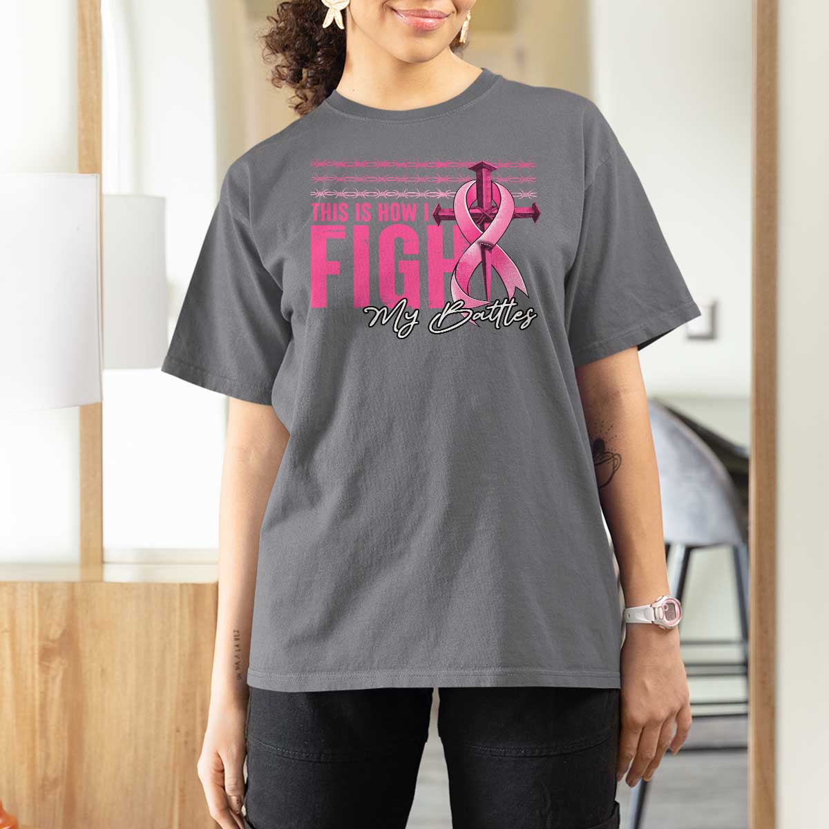 Pink Breast Cancer T Shirt For Women This is How I Fight My Battles - Wonder Print Shop