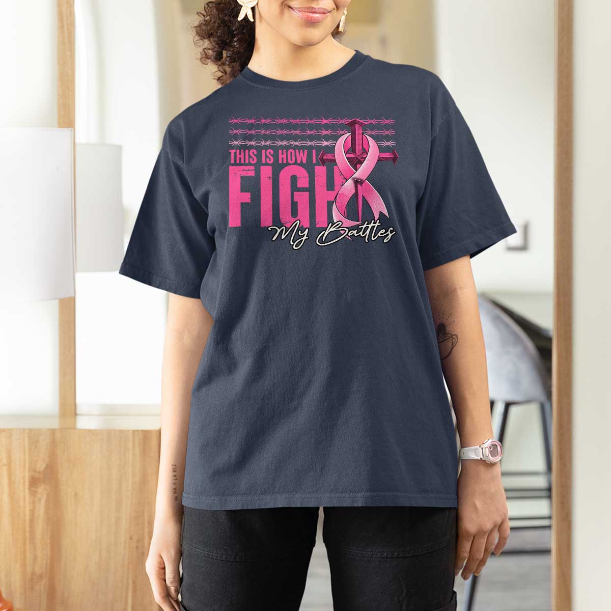 Pink Breast Cancer T Shirt For Women This is How I Fight My Battles - Wonder Print Shop