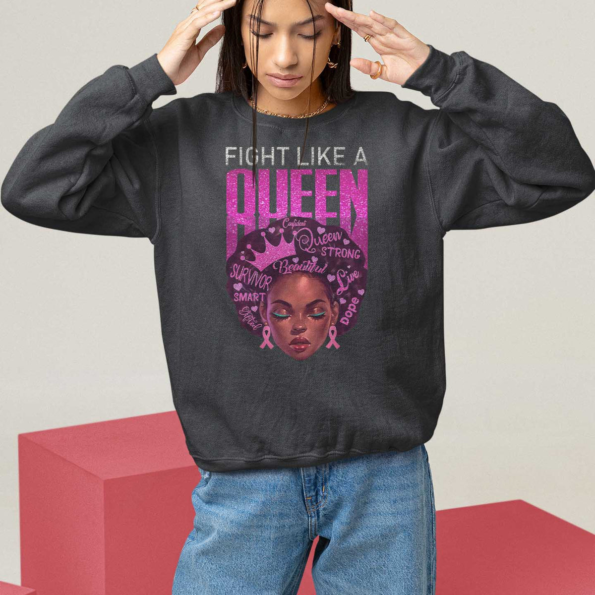 Pink Breast Cancer Warrior Sweatshirt Fight Like A Queen - Wonder Print Shop