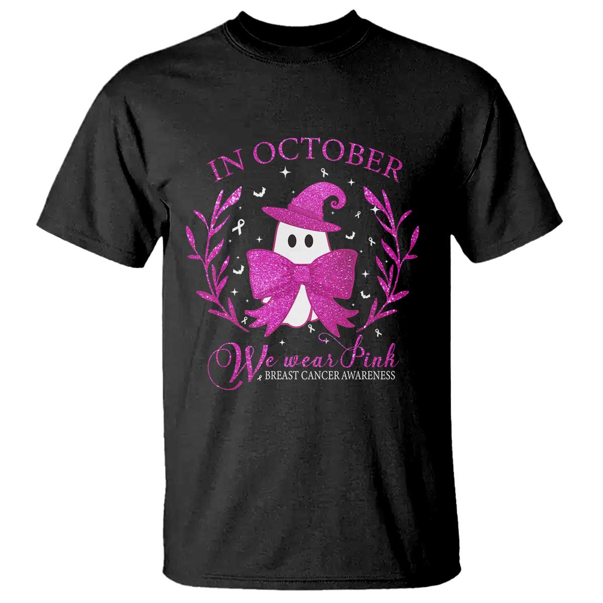 Breast Cancer Halloween T Shirt In October We Wear Pink Cute Pink Ghost - Wonder Print Shop