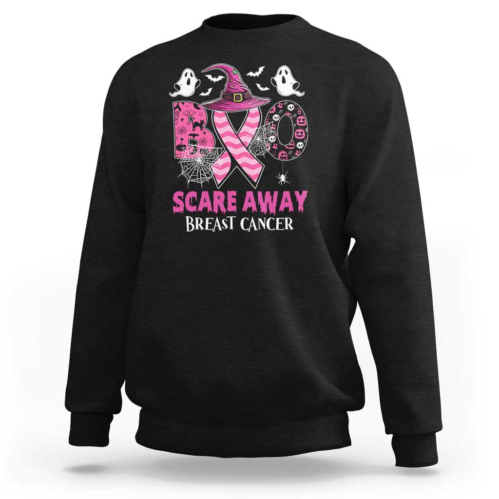 Pink Breast Cancer Halloween Sweatshirt Boo Scare Away Pink Ribbon Witch - Wonder Print Shop